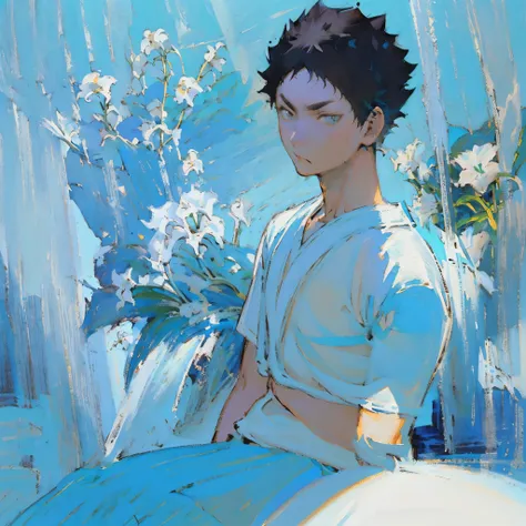 (((1 boy))),male focus,(((solo))),(((iwaizumi))),fechin, oil painting, impressionism,(((sunlight))),black hair,((black eyes)),((...