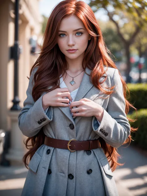 Masterpiece, (((24-year-old redhead girl with charm face, blue eyes, little smile))) soft natural light, (((focus on eyes))) (((in long coat, San Francisco, jewelry))) entire body in frame (((detailed and realistic image, full-frame DSLR camera))) polarizi...