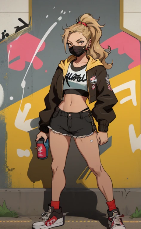 A rebellious young woman, wearing a croptop, sportsshorts, sneakers and a jacket with a hood, protective mask, wavy blonde hair in a ponytail, equipped with a spray can, doing graffiti at a a railroad underpass