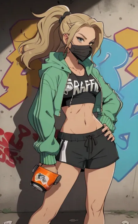 A rebellious young woman, wearing a croptop, sportsshorts, sneakers and a jacket with a hood, protective mask, wavy blonde hair in a ponytail, equipped with a spray can, doing graffiti at a a railroad underpass