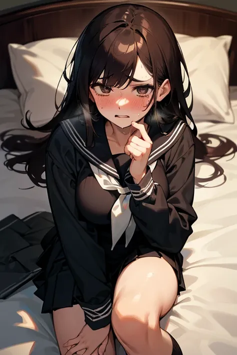 nsfw,1Girl, (lying in bed:1.0), lying on back, dark hair, long hair, black long-sleeved sailor uniform, black pleated skirt, (messy clothes: 1.0), (Background: on bedroom bed), Big tits: 1.4,Shy Face,upset,embarrassed,parted lips,shortness of breath,Blushi...