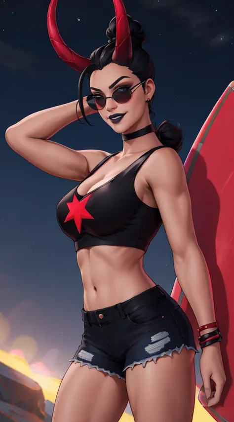 1 Mulher sozinha, 1girl, xyzsurfwitch, (xyzhaze:0.5), black hair, hair up, hair bun, horns, mascara, black lips, makeup, closed mouth, solo focus, sunglasses, short shorts, red tank top, star_/(pattern/),
smiling,looking at viewer, Blusa vermelha surf witc...