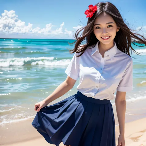 ((top-quality、masutepiece、8K、Top image quality、Highly complex and detailed depictions))、(1 photo:1.7)、(1 schoolgirl:1.3)、The biggest smile staring at the camera、Beautiful beach、(Red hibiscus hair ornament)、(Uniform white shirt、uniform navy pleated skirt)、l...