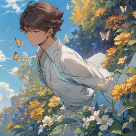 oikawa tooru,brown hair,brown eyes,short hair,1man,he is a breathtaking, his presence is like sunlight itself, flowers,butterfli...