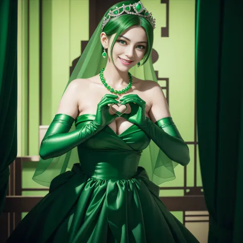 emerald tiara, Green Pearl Necklace, Boyish very short green hair, lipsticks, Japan woman smiling, very short short hair,  big breasts beautiful, Green eyes, Long green gloves made of satin material, Green eyes, Emerald Earrings, green vale, Heart with bot...