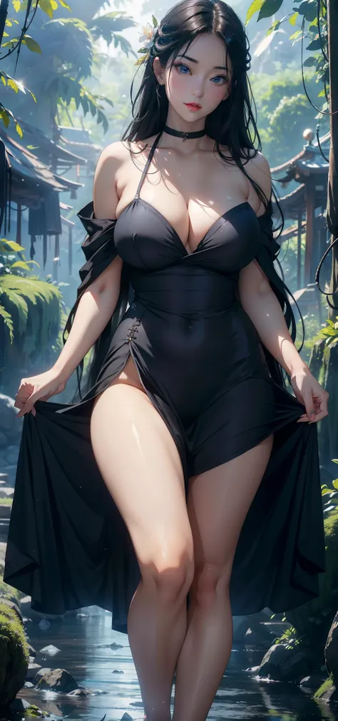 1female，45 yers old，Married woman，熟妇，Large breasts，long leges，big chest and thin waist， photo exposure， 独奏，（Background with：at a forest，the rainforest，in summer） She has long black hair，Stand deep in the forest，seen from the front， curlies， The sky is most...