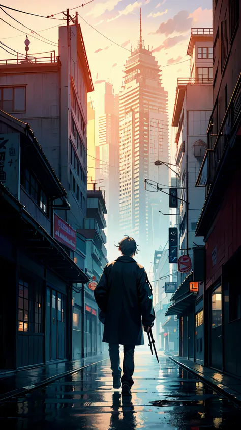 1boy,Mans ,Cyberpunk Boy、katanas,machine gun、axe、Cats ears、silber hair、poneyTail、Whole body bloody、The beginning of the adventure、during daytime、Into the cloud、ruined and devastated city、Japan buildings、railroad crossing、Trees、Warm lighting、puddles、Good ol...