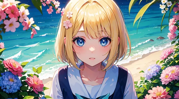 face, 1girl, blonde hair, bob cut, blue eyes, sailor suit, cute, kawaii, beautiful eyes, flower garden overlooking the sea