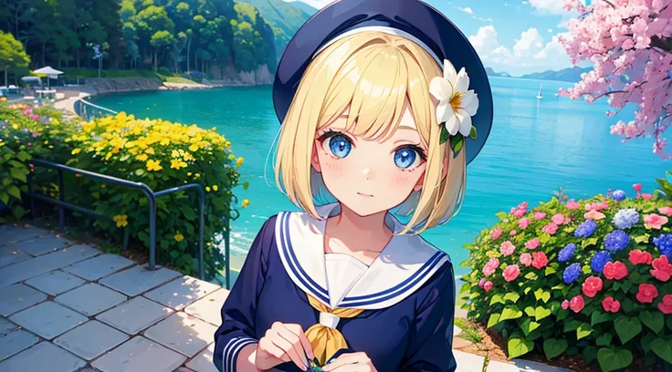 face, 1girl, blonde hair, bob cut, blue eyes, sailor suit, cute, kawaii, beautiful eyes, flower garden overlooking the sea