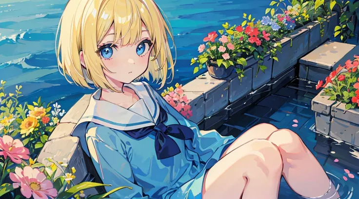 face, 1girl, blonde hair, bob cut, blue eyes, sailor suit, cute, kawaii, beautiful eyes, flower garden overlooking the sea