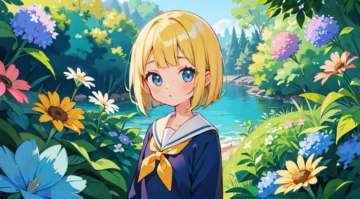 face, 1girl, blonde hair, bob cut, blue eyes, sailor suit, cute, kawaii, beautiful eyes, flower garden overlooking the sea