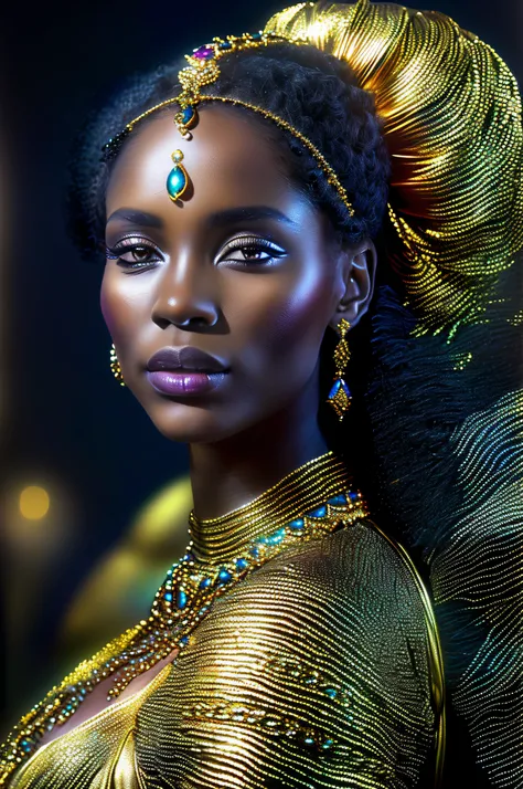 a close up of a woman with a gold dress and a gold headpiece, dark skin female goddess of love, stunning african princess, black african princess, goddess close-up portrait, goddess. extremely high detail, a stunning portrait of a goddess, stunning digital...