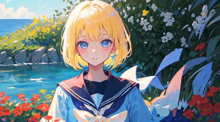 face, 1girl, blonde hair, bob cut, blue eyes, sailor suit, cute, kawaii, beautiful eyes, flower garden overlooking the sea