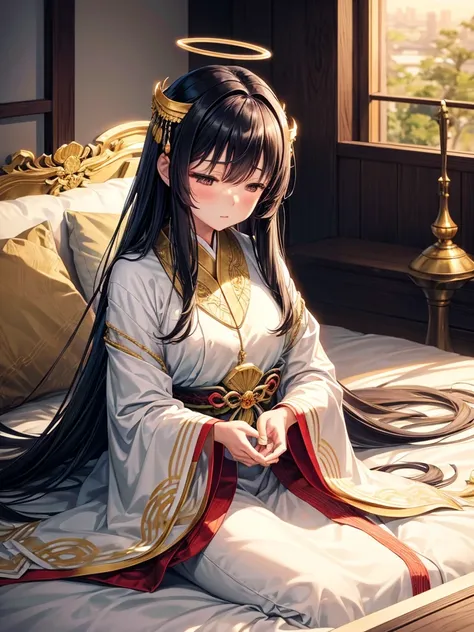 Shizue Izawa reclines on a plush bed, her silky hair fanned out around her like a golden halo. The soft glow of the room accentuates her tranquil expression, as she gazes thoughtfully into the distance, contemplating the many paths that brought her to this...