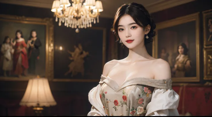 117
(a 20 yo woman,is standing), (A hyper-realistic), (high-level image quality), ((beautiful hairstyle 46)), ((short-hair)), (Gentle smile), (breasted:1.1), (lipsticks), (florals), (Light and Darkness), (rembrandt painting), (Luxurious room)