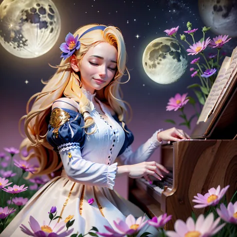 beautiful girl with long blonde hair playing piano in a flower field with moon in the sky, closed eyes and smile. unreal engine, hyper real --auto --s2