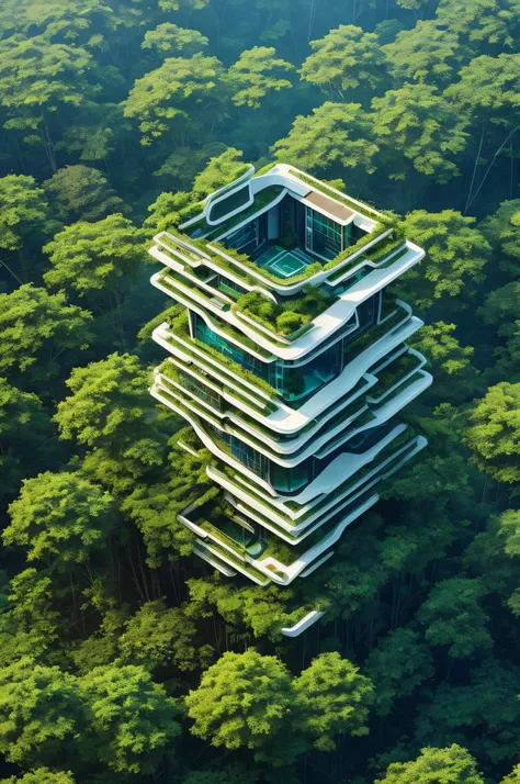 A small futuristic building in a vast jungle。the woods。ivy。Image seen from above from the bird&#39;Perspective。ruined buildings。just one building。