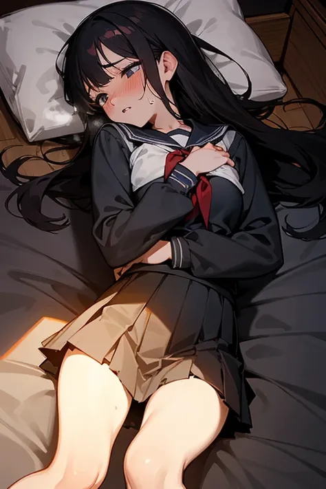 nsfw,1Girl, lying in bed:1.0, (lie on one’s back:1.0), dark hair, long hair, black long-sleeved sailor uniform, black pleated skirt,(Background: on bedroom bed), Big tits: 1.4,Shy Face,upset,embarrassed,parted lips,shortness of breath,Blushing, Face in ago...