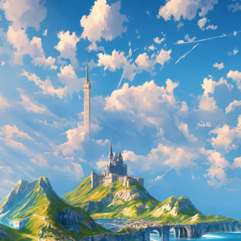 empty sky, (clear sky), cloudless, big landscape, empty foreground, massive landscape, gigantic fantasy landscape, kingdom, medieval city, castles, towers, archery range, bridge, mountains, (forest), highly detailed, details, ocean, photorealistic, 8k, mas...