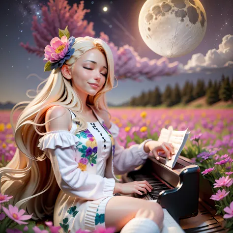 beautiful girl with long blonde hair playing piano in a flower field with moon in the sky, closed eyes and smile. unreal engine, hyper real --auto --s2