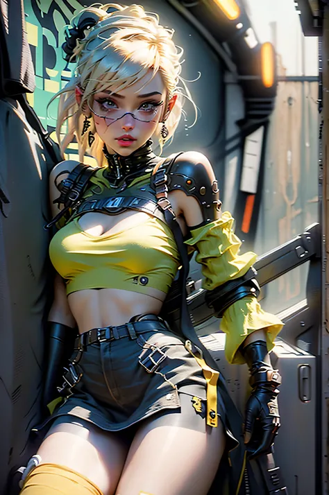 unreal engine:1.4,ultra realistic CG 64K, photorealistic:1.4, skin texture:1.4, masterpiece:1.4,posing behind Beautiful woman holding shotgun with babydoll lingerie、Yellow cyberpunk style short clothing, red pantyhose, blue mini skirt,