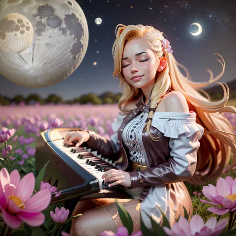 beautiful girl with long blonde hair playing piano in a flower field with moon in the sky, closed eyes and smile. unreal engine, hyper real --auto --s2