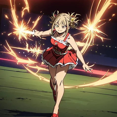 Himiko toga,my hero academia,(christmas style dress),(Short dress), (shoulders showing),(Red dress),(sexy dress),(anime girl),(beautiful girl),(full body),(divine beauty),(Yellow eyes),(cat pupils),(raising the skirt of her dress),(showing her panties),(wi...