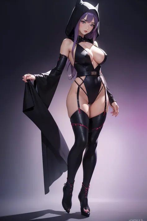 ((masterpiece, best quality, ultra-detailed, ultra-HD, photorealistic, cinematic)), (alluring female ninja), (surrealism), (wide shot, full body view:1.5), perfect body, sexy body, perfect face, perfect hands, delicate face, large cleavage, round ass, long...