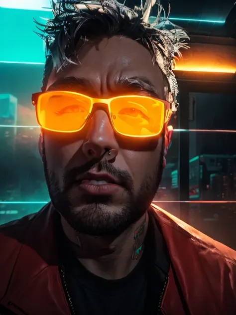 Cyberpunk, rooftop cityscape background, neon lights and signs, HD, detailed, raining cloudy, Neon city background, hd, realistic portrait, male, man, no glasses, remove glasses