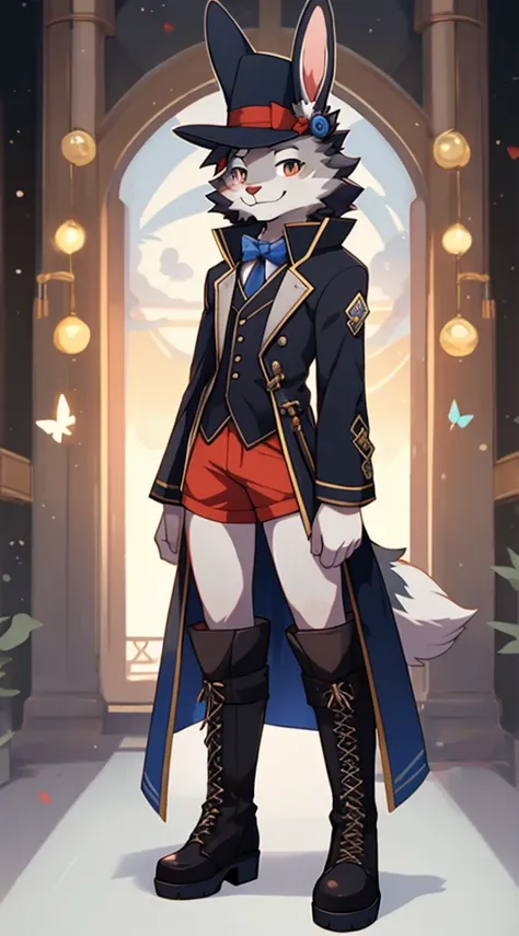 独奏, Standing, ((Bunny, hare, Hair, snout)), Author: spuydjeks, (((grey fur))), Slim, Skinny, small waist, Fur pattern, Anime character, high detail, Detailed art style, (canny smile:1.4), short curly hair, little chest, tailcoat, Short shorts, full length,...