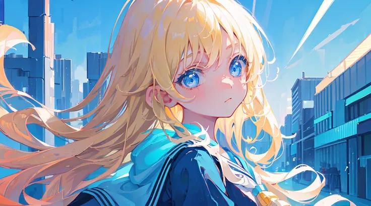 (face, 1girl, blonde hair, long hair, blue eyes, sailor suit, cute, kawaii), (blue cyberpunk landscape, glowing blue color)