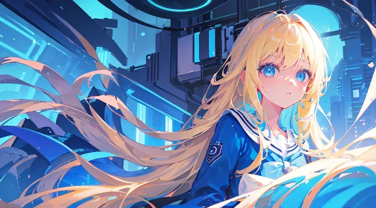 (face, 1girl, blonde hair, long hair, blue eyes, sailor suit, cute, kawaii), (blue cyberpunk landscape, glowing blue color)