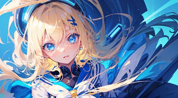 (face, 1girl, blonde hair, long hair, blue eyes, sailor suit, cute, kawaii), (blue cyberpunk landscape, glowing blue color)