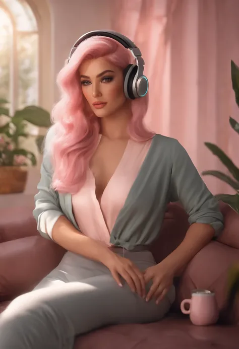 professional full body photo, (4k photo:1.1) by (Jeremy Lipking:0.3), (Dittmann Anna:0.3), (Arian Mark:0.3), (Sharp focus:1.3), high detail, elegant Gamer woman, sitting with gaming headset,sitting at home gaming, light pink hair, instagram model pose, con...