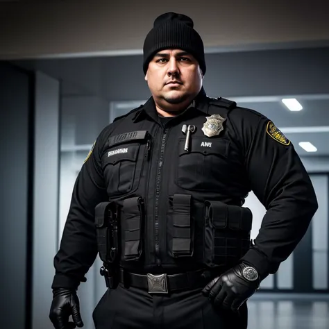 a realistic photo of an intimidating overweight police officer in a typical all black winter uniform and a heavy duty bulletproof vest on, a beanie on, gloves, etc. abdomen hanging over his belt. and the picture shows their entire frame