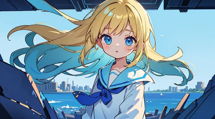 (1girl, blonde hair, long hair, blue eyes, sailor suit), (blue cyberpunk landscape, glowing blue color)