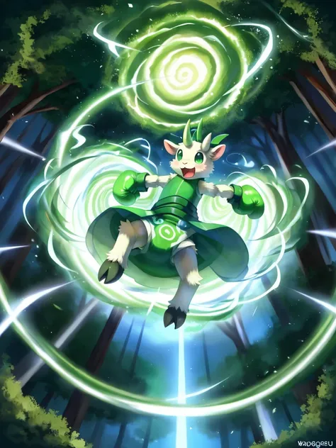 ((by wadorigi on Twitter)(Lamb)), pokemon, kid proportions, cute, adorable  , thin thighs, hooves,  upper limb hooves, light green fur, horns made of emerald , powerful green spiral wind current on surroundings, ( green swirling whirlwind effect), surround...