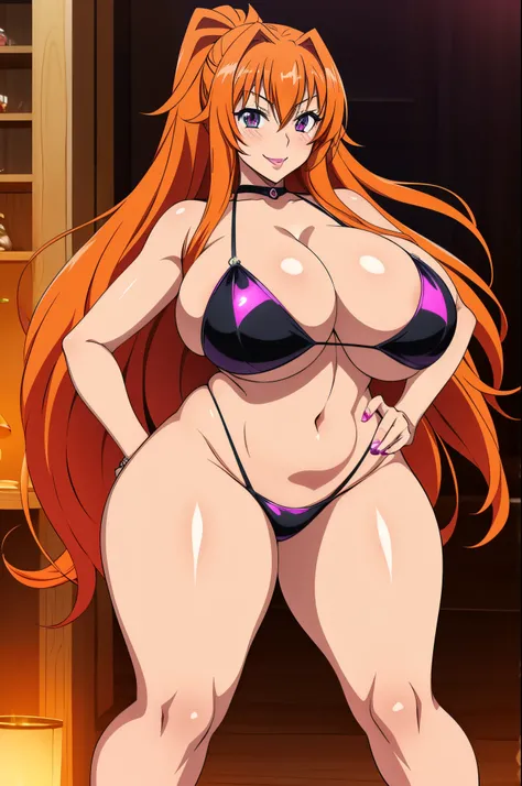 Highschool Dxd art style, Irina Shidou, 1 girl, ((bimbo))), long orange hair, purple eyes, thick lips, painted lips, erotic smile face, blushing, wide hips, thick thighs, thick, huge breast, huge round ass, oily shiny skin, black bikini, tall