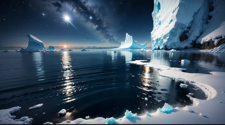 Seal swimming on surface of water ice field, icebergs, middle of an ocean, dark night, barely visible, ultra realistic, night sky, masterpiece, UHD, super detail, best quality, ray tracing, cinematic lighting