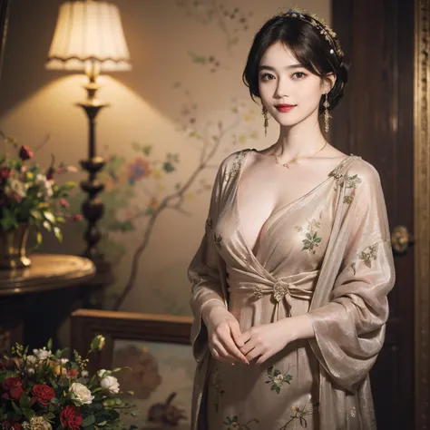 117
(a 20 yo woman,is standing), (A hyper-realistic), (high-level image quality), ((beautiful hairstyle 46)), ((short-hair)), (Gentle smile), (breasted:1.1), (lipsticks), (florals), (Light and Darkness), (rembrandt painting), (Luxurious room)