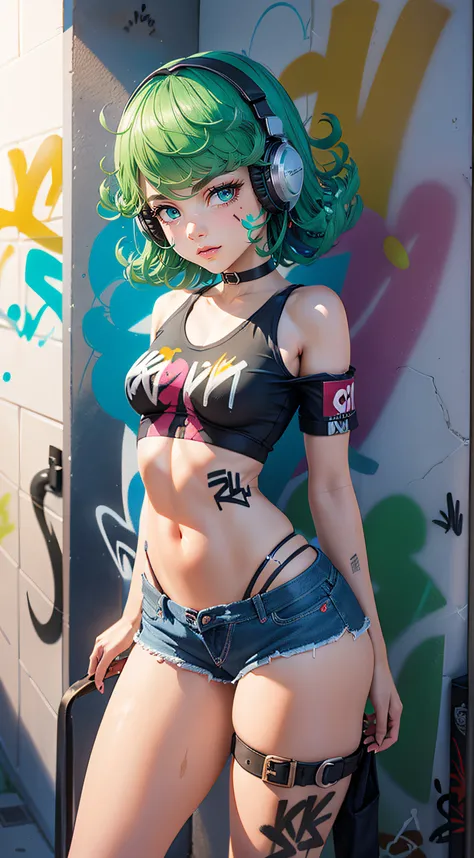 masterpiece, best quality, (extremely detailed CG unity 8k wallpaper, masterpiece, best quality, ultra-detailed, masterpiece, best quality, 1girl, solo, crop top, denim shorts, choker, (graffiti:1.5), paint splatter, arms behind back, against wall, looking...