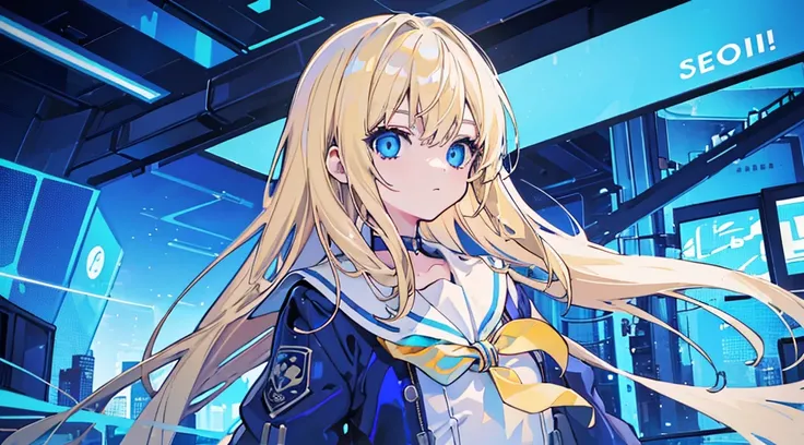 (1girl, blonde hair, long hair, blue eyes, sailor suit), (blue cyberpunk landscape, glowing blue color)