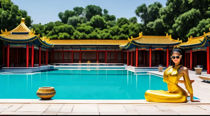 photo where you can see an entire Chinese palace, photo of a complete Chinese palace, Chinese palace with golden statues, Chinese palace with a pool, there are beautiful girls having fun in the pool