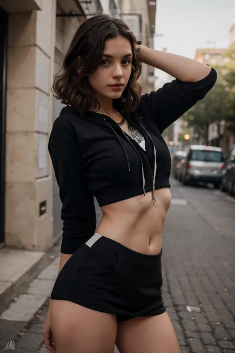 (best quality, highres, ultra-detailed), german brunette emo girl with curly hair, Black crop hoodie, red slip, Arms behind head