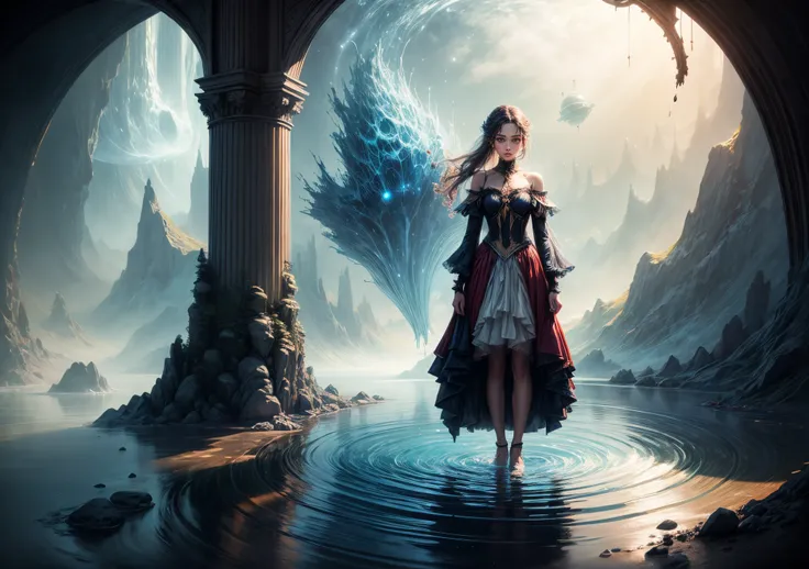 Painting: An enchanting artwork portraying a girl wearing silk, standing at the edge of a mystical pool, surrounded by swirling enchantments, with the distant planet casting an ethereal light upon her.