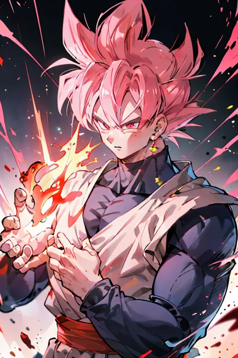 master part,goku preto,black sweater,super saiyajin rosé,olhos cor-de-rosa,aura rosa,pink flame particles in the air,parte super...