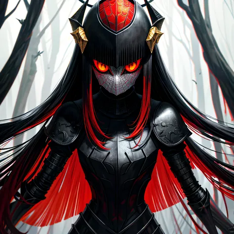 chthonic art, Horror atmosphere, Masterpiece, (monster girl), (pale skin), ((spider legs on head)), red crystal eyes, ((Long bangs)), long black smooth collected hair, ((gold helmet with red accents)), Black and gray fabric armor with red accents, short ra...