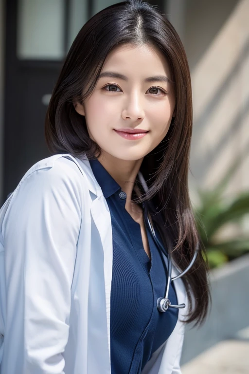 Woman in her early 30s　japanes　A dark-haired　Long　physician　Female doctor　Manteau blanc　stethoscope　card　A slight smil　Breasts are big　Sensible　Beautie　Beautuful Women　clothed、(Photo Real:1.4)、(hyper realisitic:1.4)、(realisitic:1.3)、 (Smoother lighting:1.0...