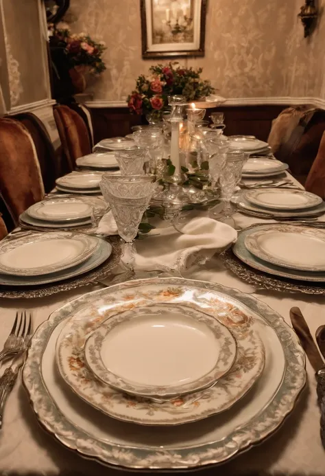 A photo of a beautifully set dining table with fine china and elegant silverware,original,Overweight, wears fedora, neck beard, bad skin, bloodshot eyes, bad hygiene, greasy hair , male