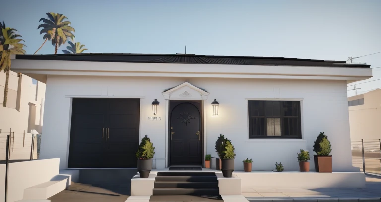 There is a white house with a black door and a black door, muitas arvores nas laterais,((gta 5 casa screenshot)), motor irreal foto-realista, em estilo de realismo simplificado, realista unreal engine 3 d jogo, unreal engine realistic render, feito em unre...